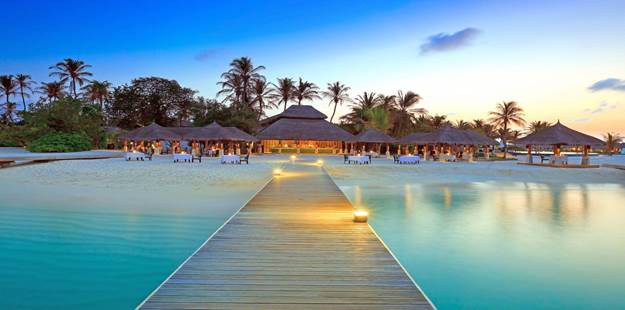 Aerial view of white sand beaches and luxury resorts in Maldives islands – Adequate Safaris